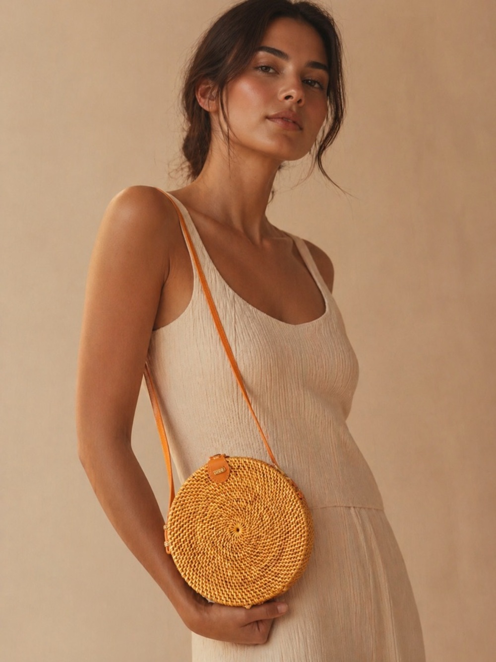 Round Woven Crossbody Bag In Mustard Yellow